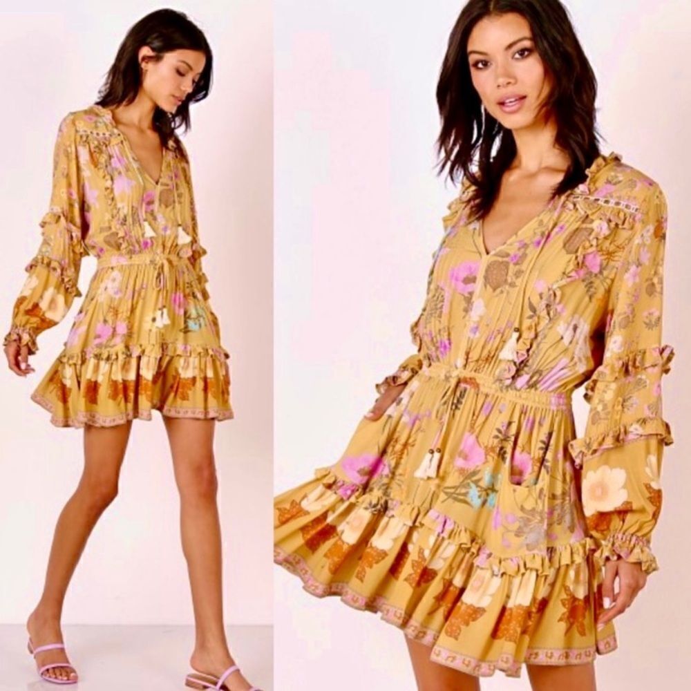 NWT Spell and Gypsy Wild Bloom Playdress Mini Mustard Dress Floral Size XS